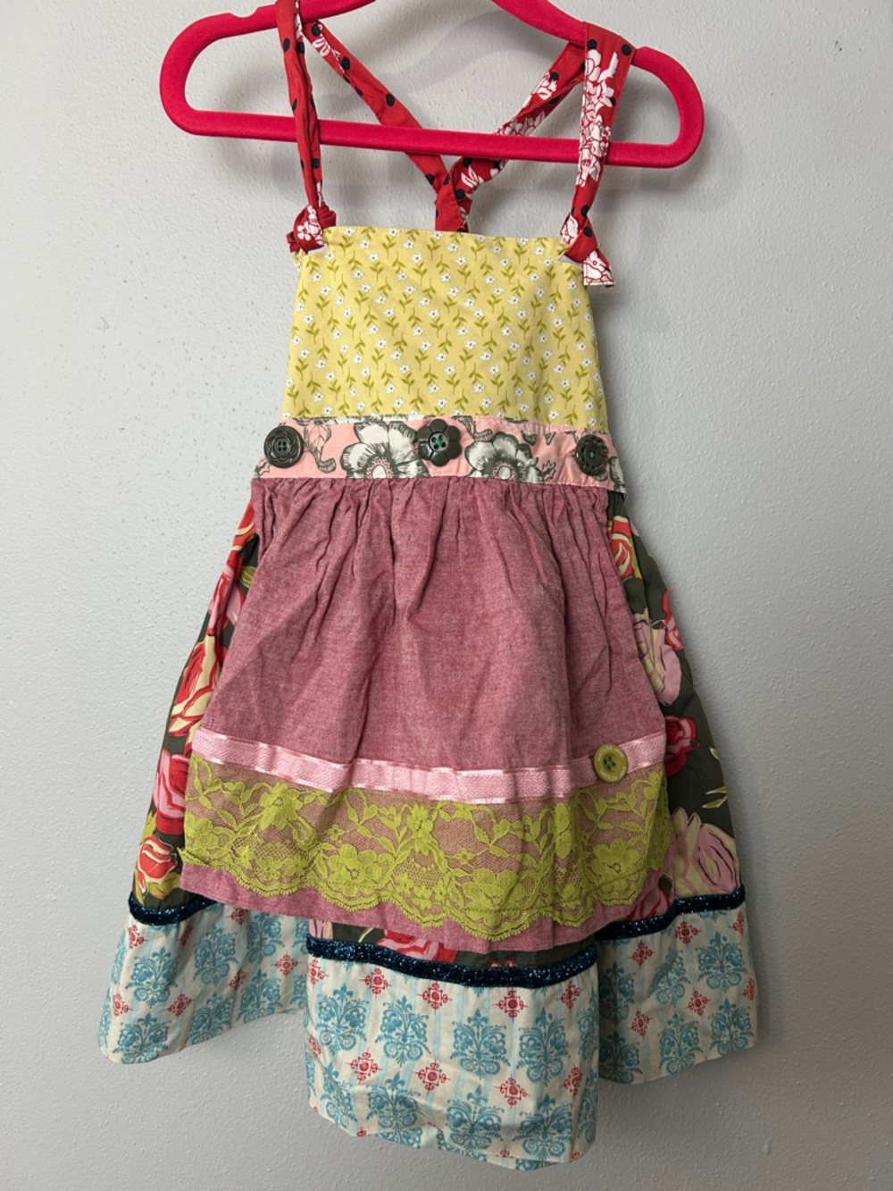 Matilda Jane Mixed Floral Patchwork Tiered Dress in Yellow, Pink & Green